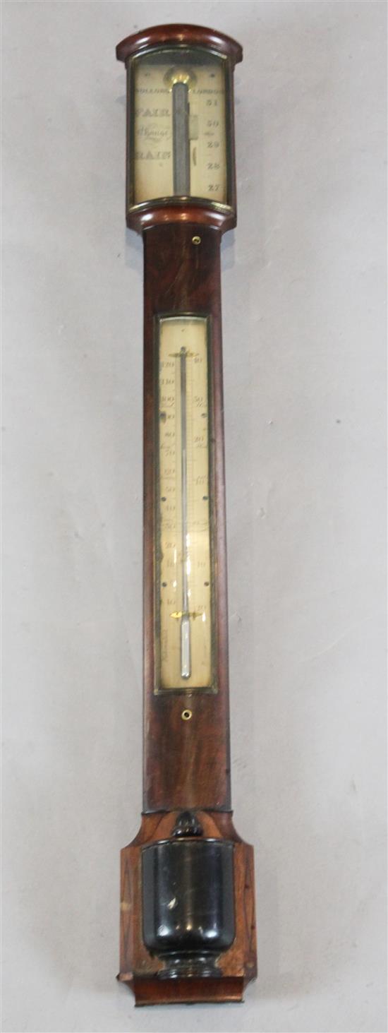 Dollond of London. A Regency mahogany bowfront stick barometer, 3ft 2in.